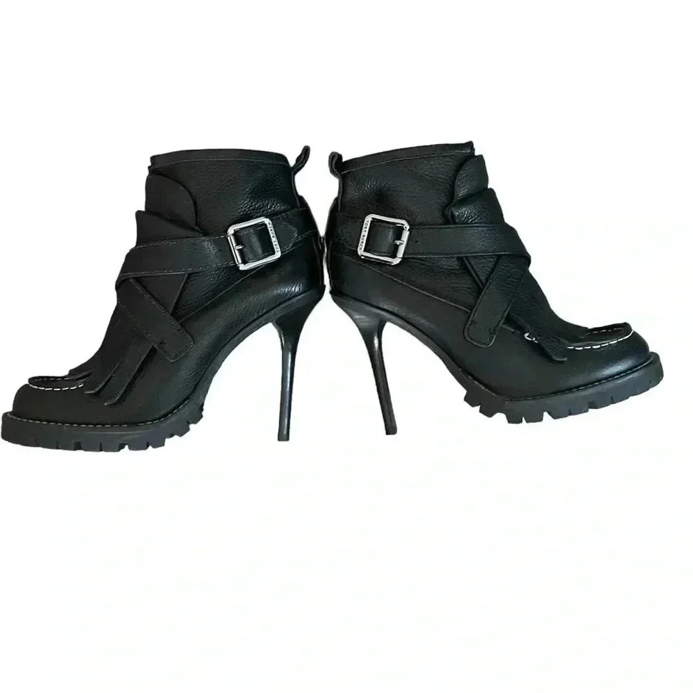 Tory Burch Black Leather Fringe Ankle Booties with Buckle - Picture 9 of 16